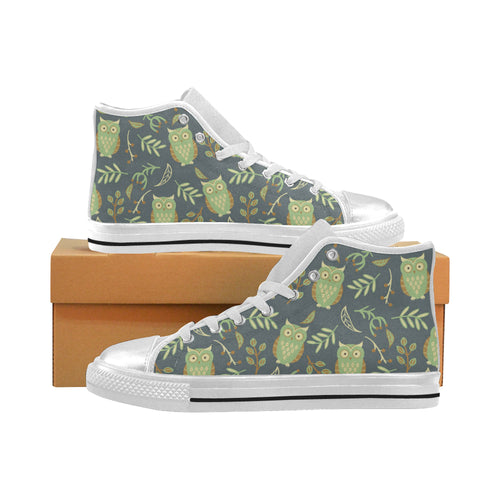 Cute owls leaves pattern Women's High Top Canvas Shoes White
