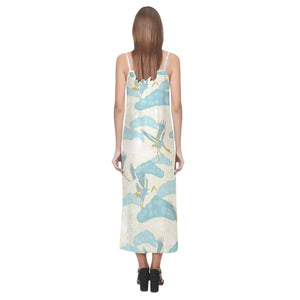 Bonsai bamboo stork japanese pattern cream theme V-Neck Open Fork Long Dress