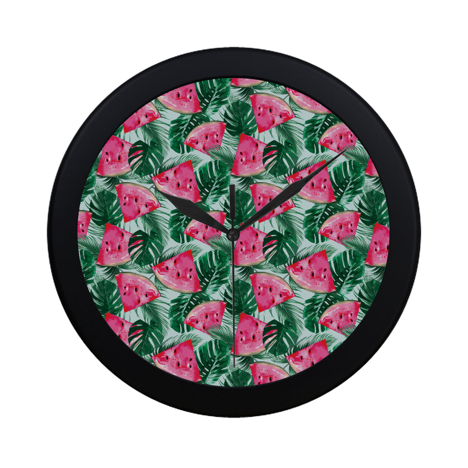 Watermelons tropical palm leaves pattern Elegant Black Wall Clock