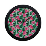 Watermelons tropical palm leaves pattern Elegant Black Wall Clock