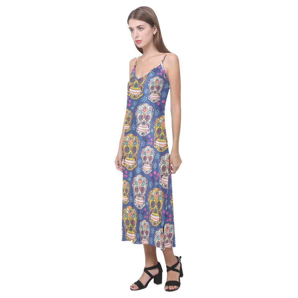 Sugar skull flower pattern V-Neck Open Fork Long Dress