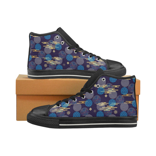 Blue japanese pattern cloud wave flower Women's High Top Canvas Shoes Black