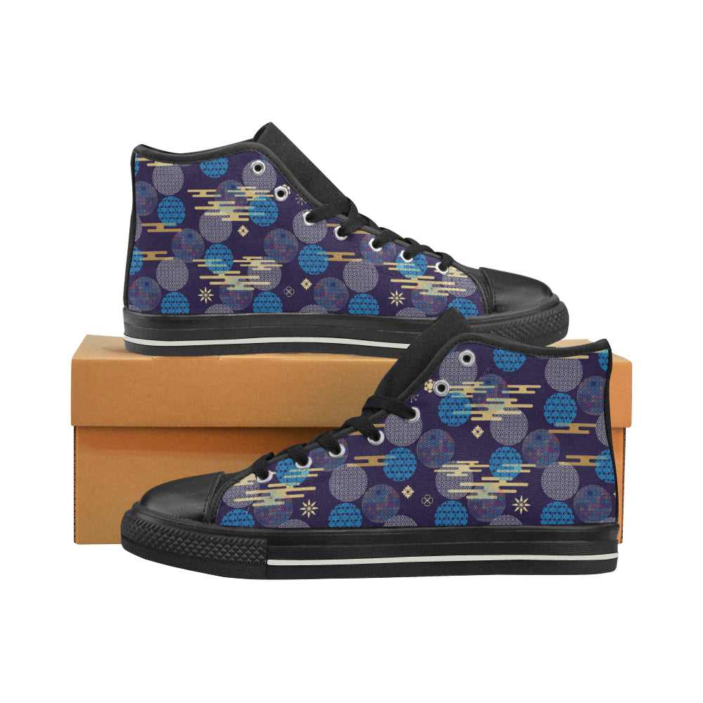 Blue japanese pattern cloud wave flower Women's High Top Canvas Shoes Black