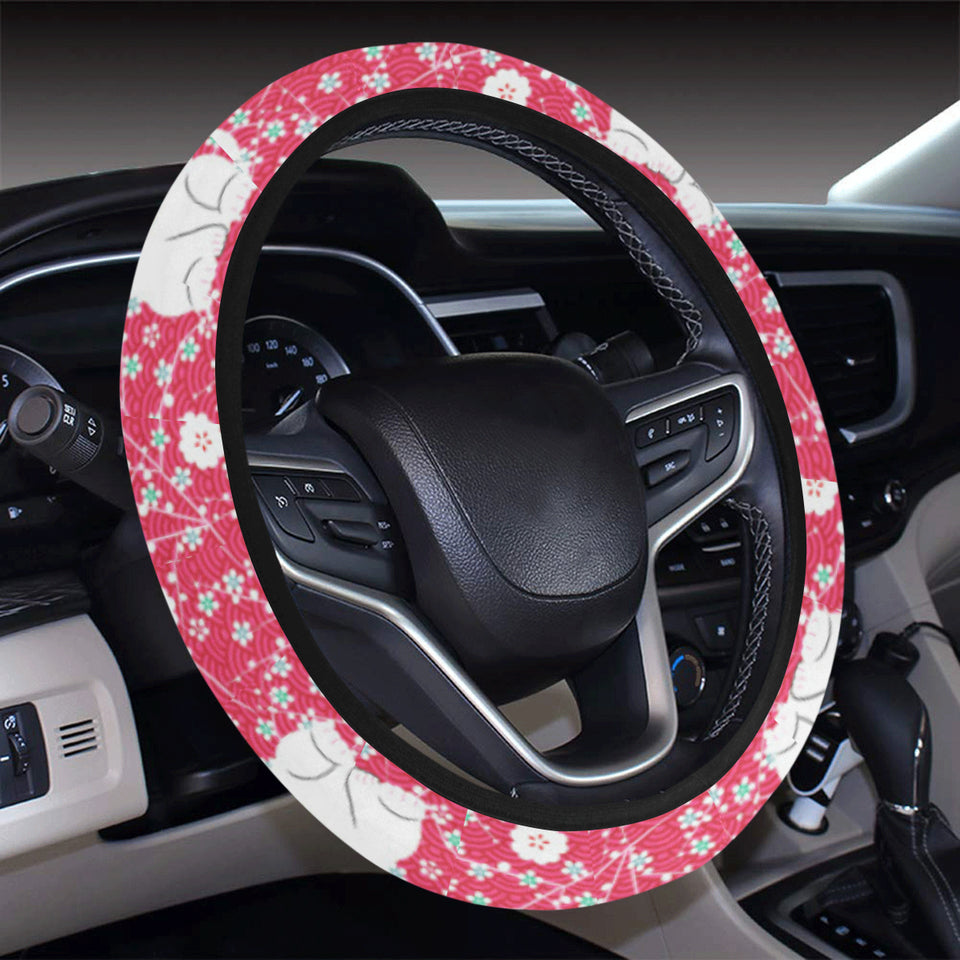 Maneki neko cat sakura pink background Car Steering Wheel Cover