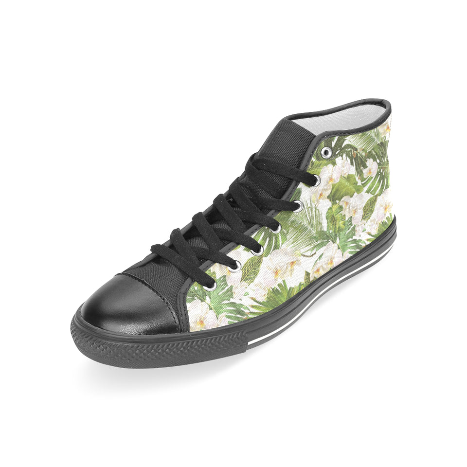 White orchid flower tropical leaves pattern Women's High Top Canvas Shoes Black