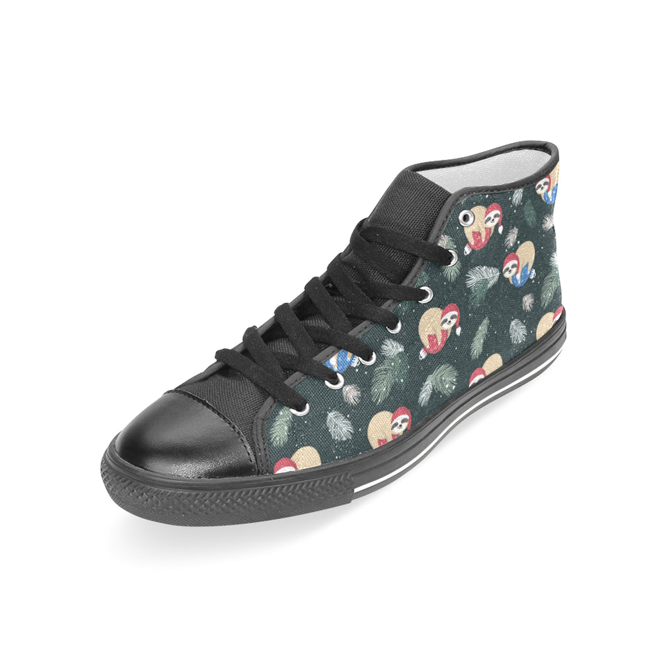 Cute sloths sleeping christmas ball santa hat patt Women's High Top Canvas Shoes Black