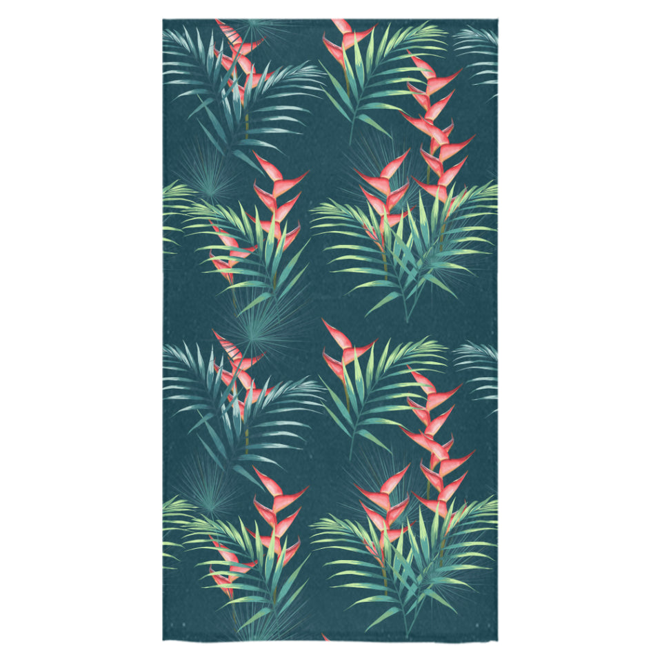 heliconia flowers, palm and monstera leaves on bla Bath Towel