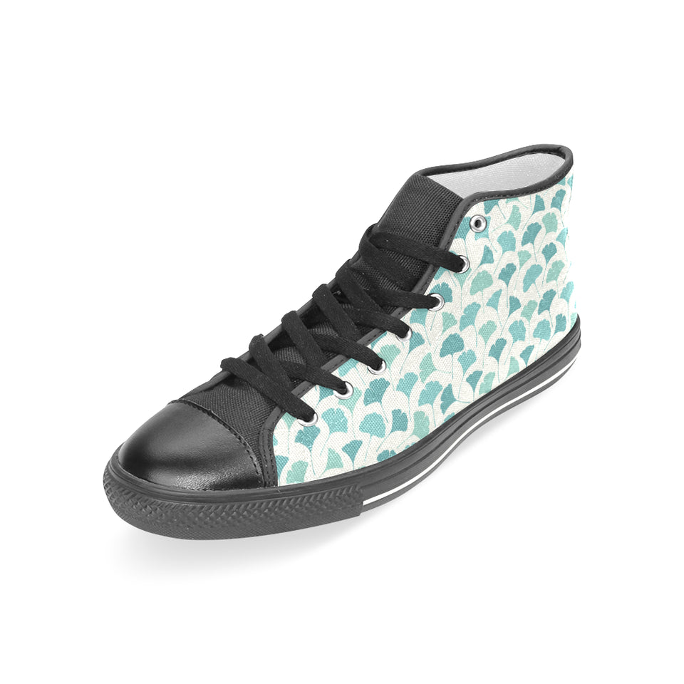Green ginkgo leaves pattern Women's High Top Canvas Shoes Black
