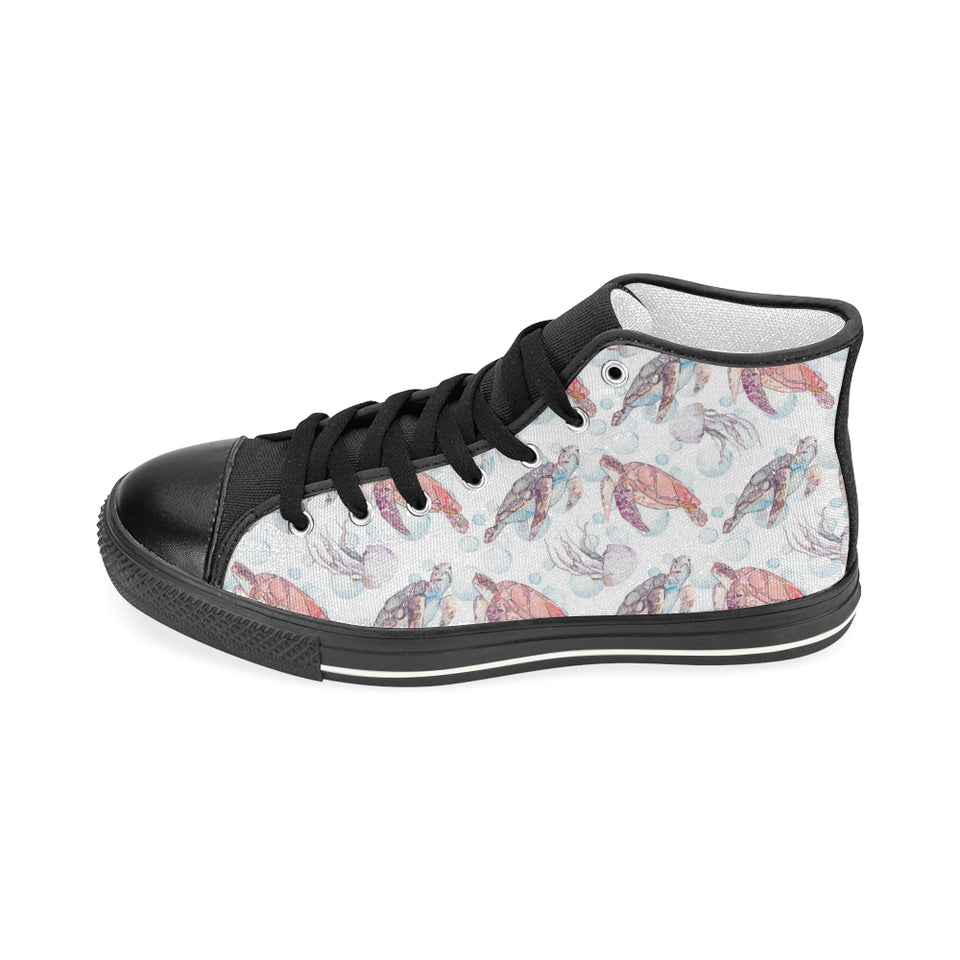 Watercolor sea turtle jellyfish pattern Women's High Top Canvas Shoes Black
