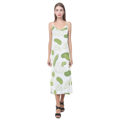 Cucumber sketch pattern V-Neck Open Fork Long Dress