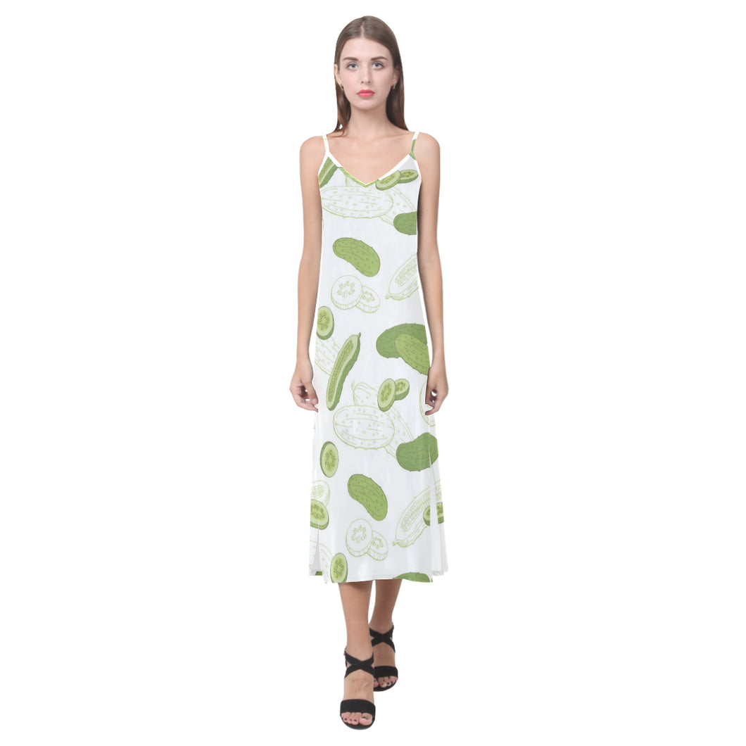 Cucumber sketch pattern V-Neck Open Fork Long Dress