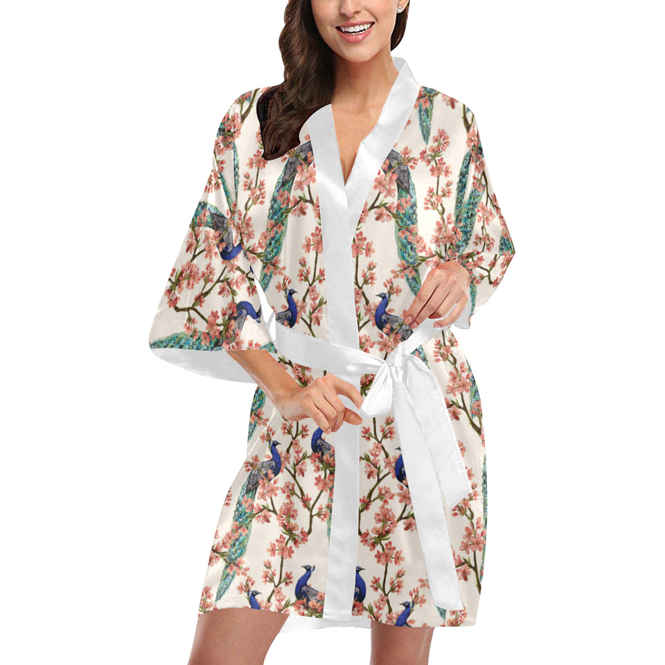 Peacock tropical flower pattern Women's Short Kimono Robe