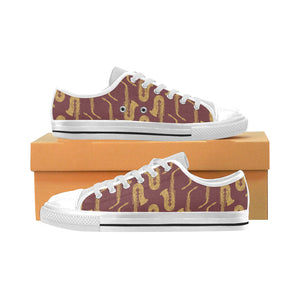 Hand drawn gold saxophone red background Men's Low Top Shoes White