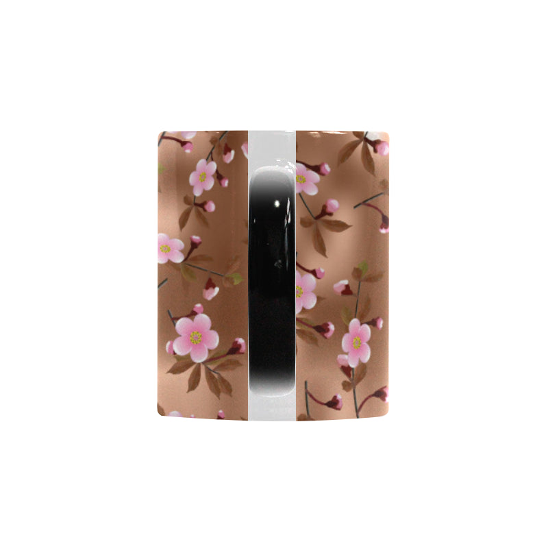 Pink sakura cherry blossom drak brown background Morphing Mug Heat Changing Mug
