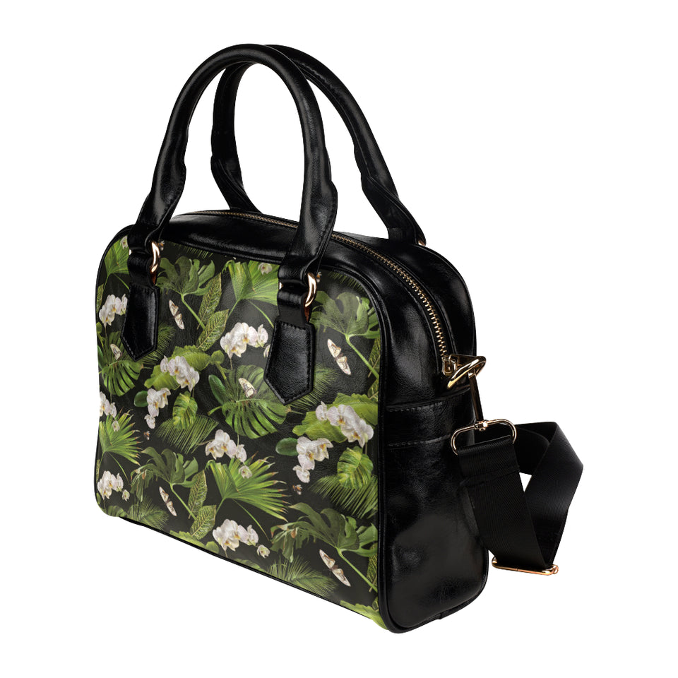 White orchid flower tropical leaves pattern blackg Shoulder Handbag