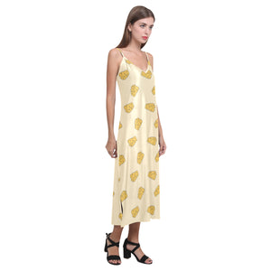 Cheese pattern V-Neck Open Fork Long Dress