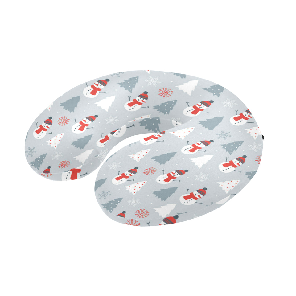 Snowman christmas  tree snow gray background U-Shaped Travel Neck Pillow