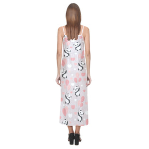 Cute panda ballon heart pattern V-Neck Open Fork Long Dress