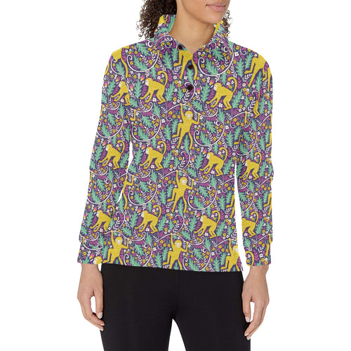 Cute yellow monkey leaves pattern Women's Long Sleeve Polo Shirt