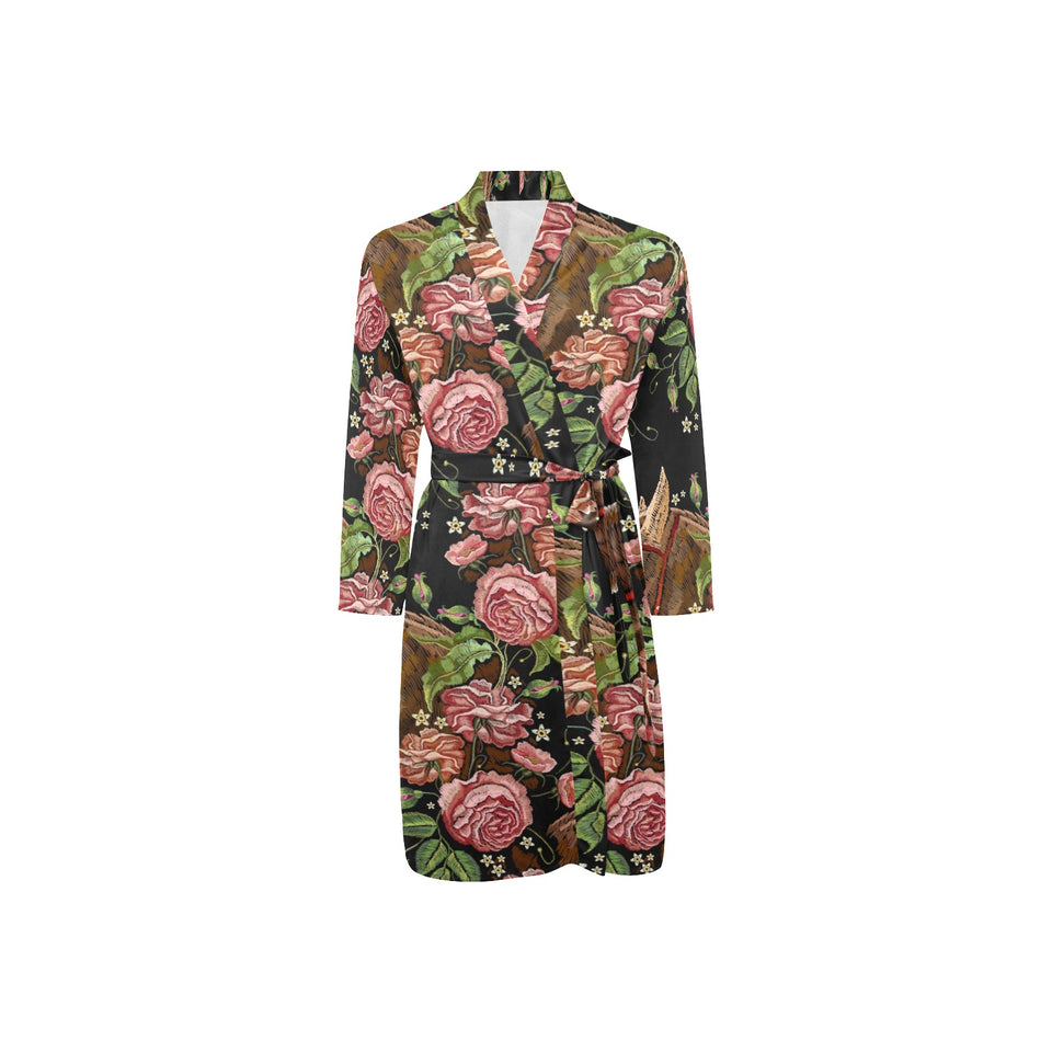 Horse head wild roses pattern Men's Long Sleeve Belted Night Robe