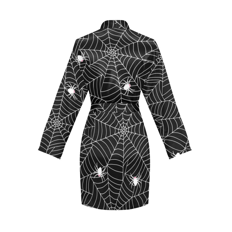Spider web design pattern Black background white c Women's Long Sleeve Belted Night Robe