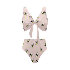 Cute bee flower pattern pink background Chest Bowknot High Waisted Bikini Swimsuit