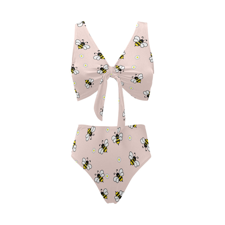 Cute bee flower pattern pink background Chest Bowknot High Waisted Bikini Swimsuit
