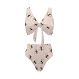 Cute bee flower pattern pink background Chest Bowknot High Waisted Bikini Swimsuit
