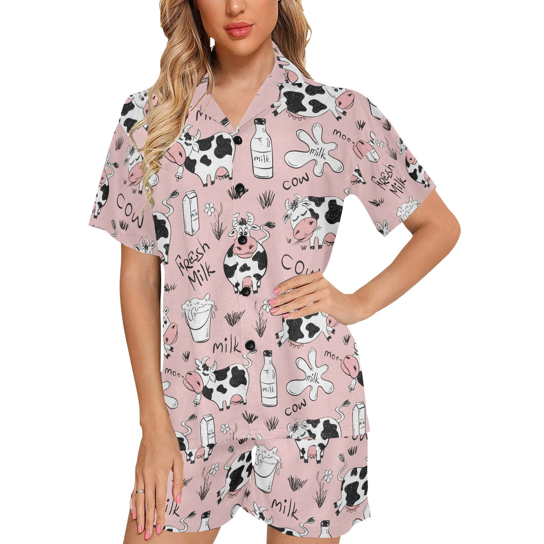 Cows milk product pink background Women's V-Neck Short Pajama Set
