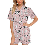 Cows milk product pink background Women's V-Neck Short Pajama Set