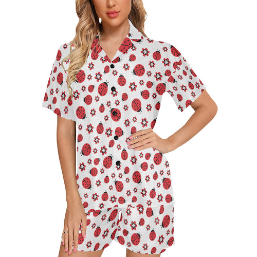 Ladybug Pattern Print Design 04 Women's V-Neck Short Pajama Set