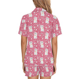 Maneki neko cat sakura pink background Women's V-Neck Short Pajama Set