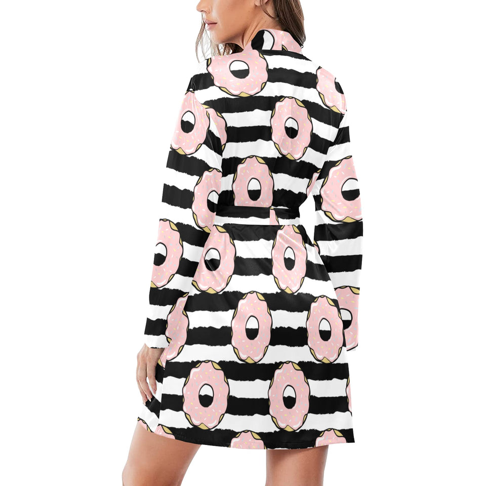 Donuts pink icing striped pattern Women's Long Sleeve Belted Night Robe