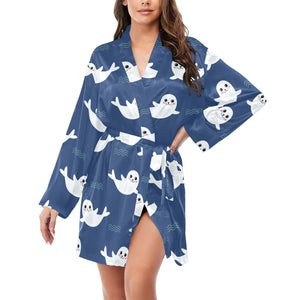 Cute white baby sea lion seal pattern Women's Long Sleeve Belted Night Robe