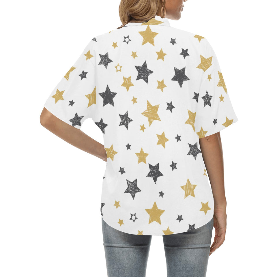 hand drawn gold black star pattern Women's All Over Print Hawaiian Shirt