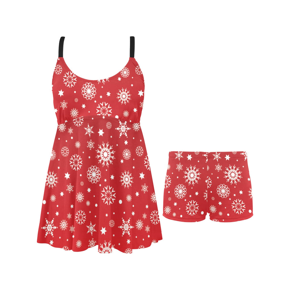 Snowflake pattern red background Chest Sexy Pleated Two Piece Swim Dress