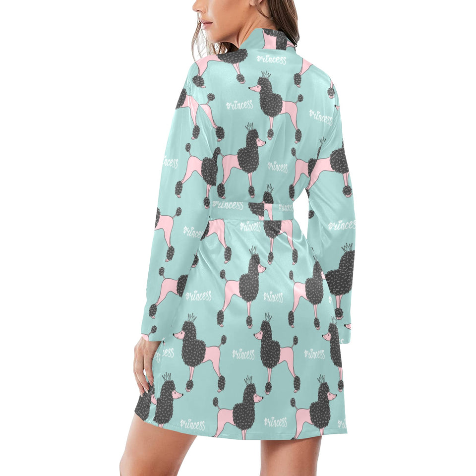 poodle dog green background Women's Long Sleeve Belted Night Robe