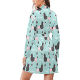 poodle dog green background Women's Long Sleeve Belted Night Robe