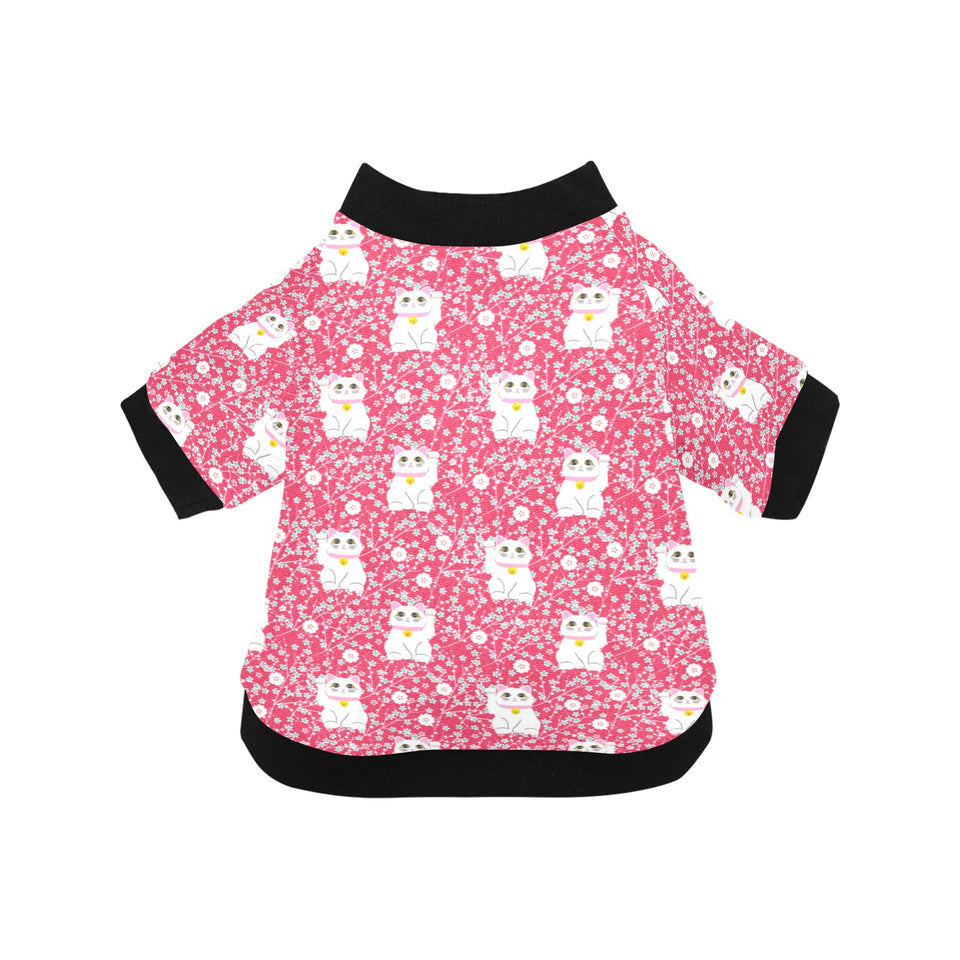 Maneki neko cat sakura pink background All Over Print Pet Dog Round Neck Fuzzy Shirt