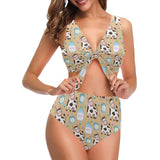 Cow bottle of milk pattern Chest Bowknot High Waisted Bikini Swimsuit