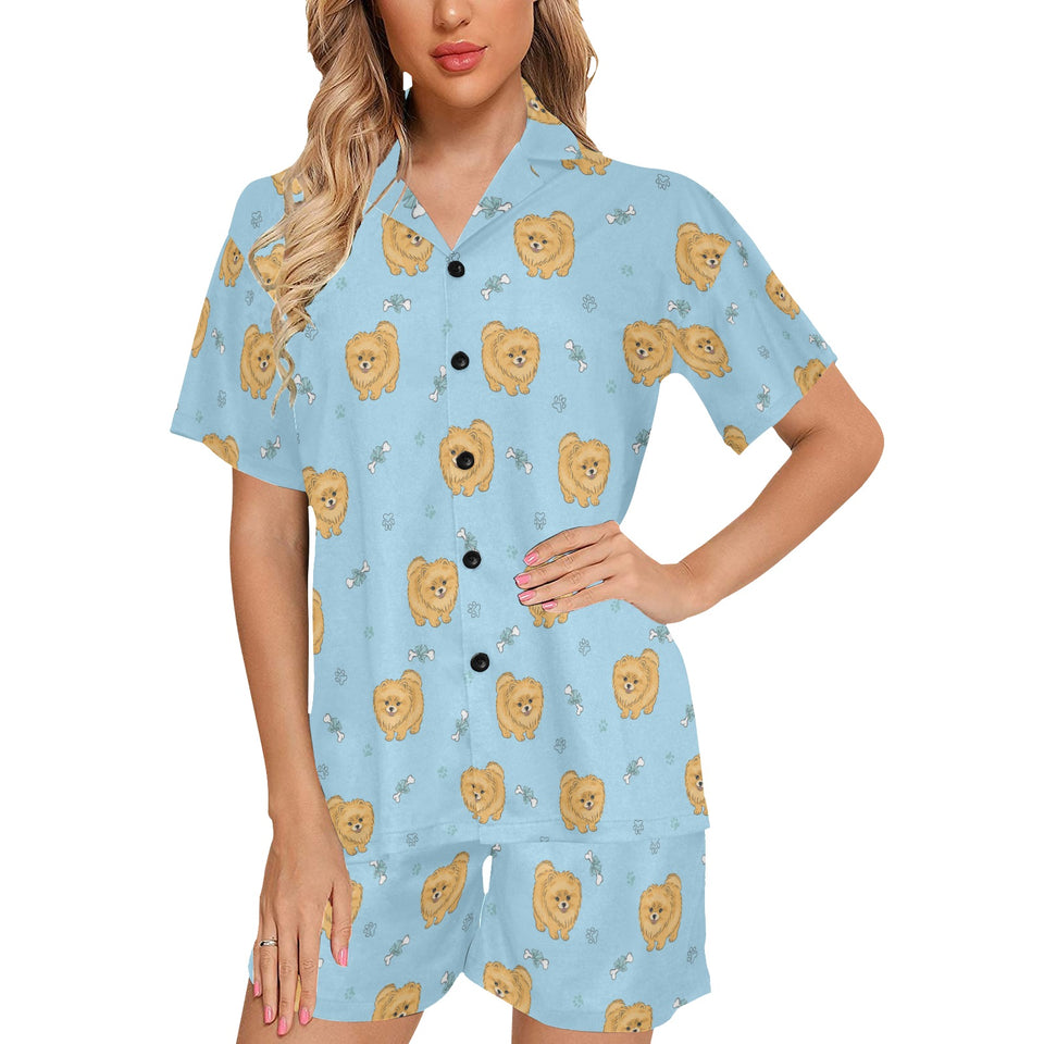 Brown cute pomeranian blue blackground Women's V-Neck Short Pajama Set