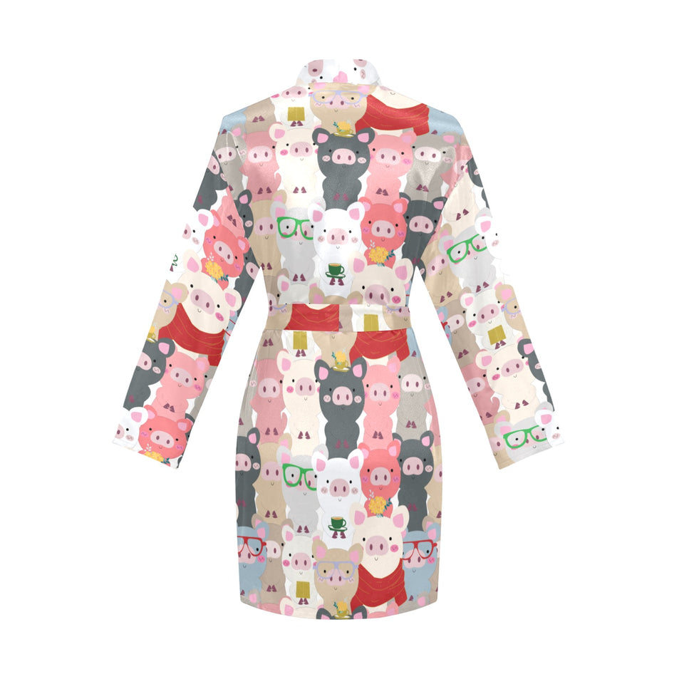 Pig Pattern Print Design 02 Women's Long Sleeve Belted Night Robe