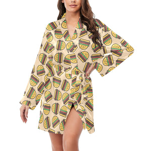 Hamburger Pattern Print Design 01 Women's Long Sleeve Belted Night Robe