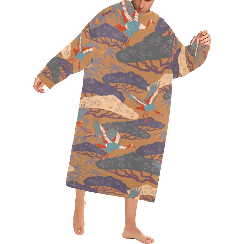 Bonsai bamboo stork japanese pattern brown theme Blanket Robe with Sleeves