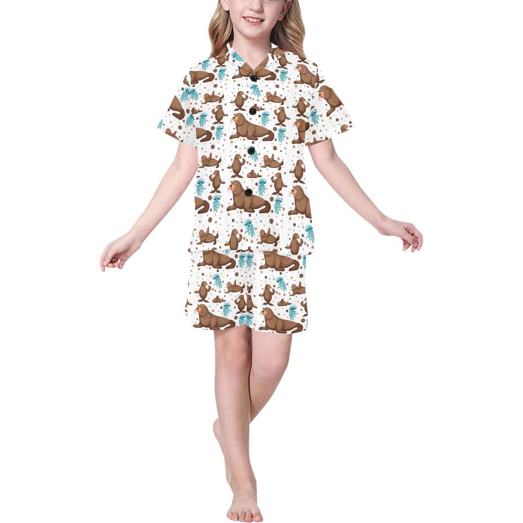 sea lion Seals jellyfish pattern Kids' Boys' Girls' V-Neck Short Pajama Set