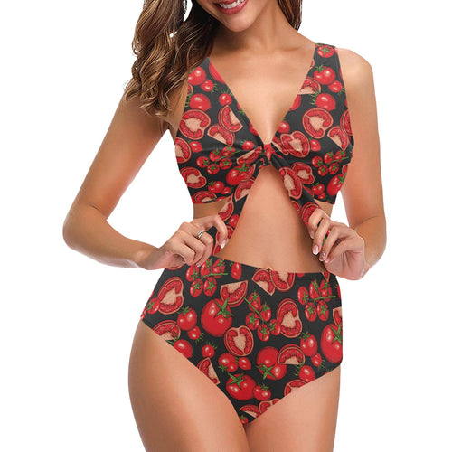 Tomato black background Chest Bowknot High Waisted Bikini Swimsuit