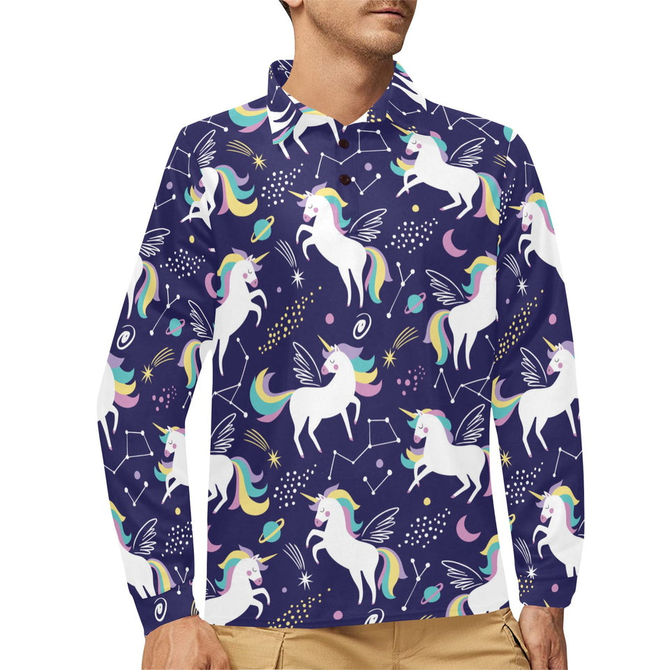 Hand drawn cute unicorn star planet Men's Long Sleeve Polo Shirt