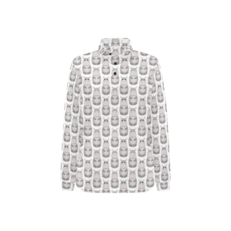 Hippopotamus Pattern Print Design 05 Women's Long Sleeve Polo Shirt
