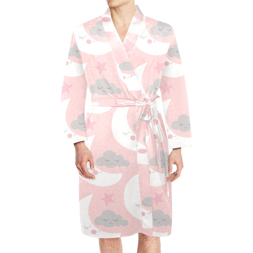 Cute moon cloud star pattern pink dot background Men's Long Sleeve Belted Night Robe