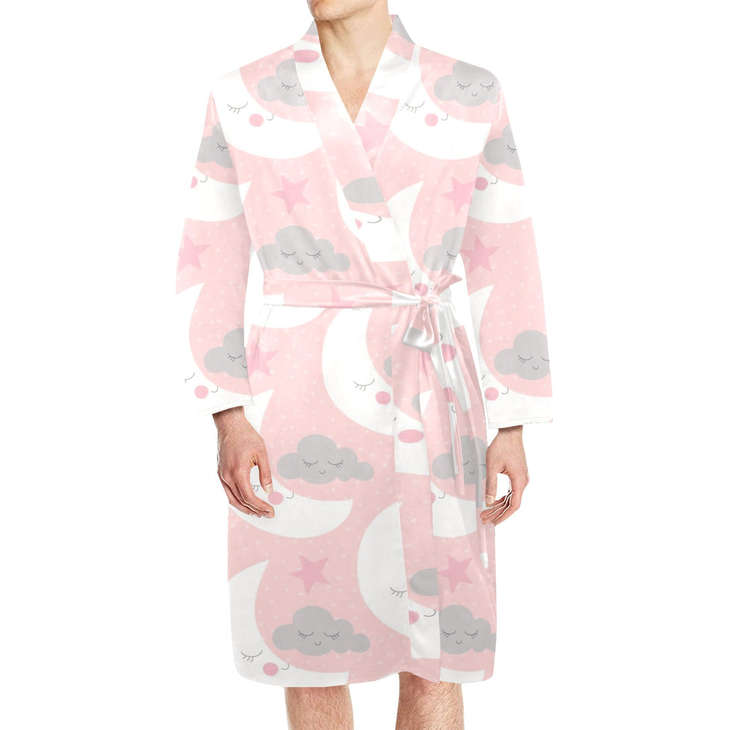 Cute moon cloud star pattern pink dot background Men's Long Sleeve Belted Night Robe